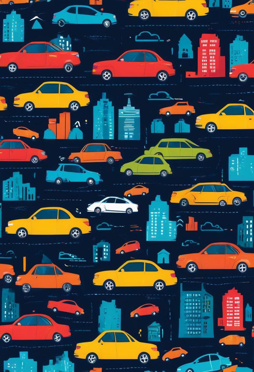 A visually striking comparison chart displaying various car insurance quotes, featuring eye-catching price tags and icons representing different insurance providers. In the background, a dynamic scene of a city with cars driving illustrates the concept of automobile coverage. Use bright colors to emphasize savings and make the chart pop, giving an overall impression of savings and smart choices. vector art. vibrant colors. minimalistic style.