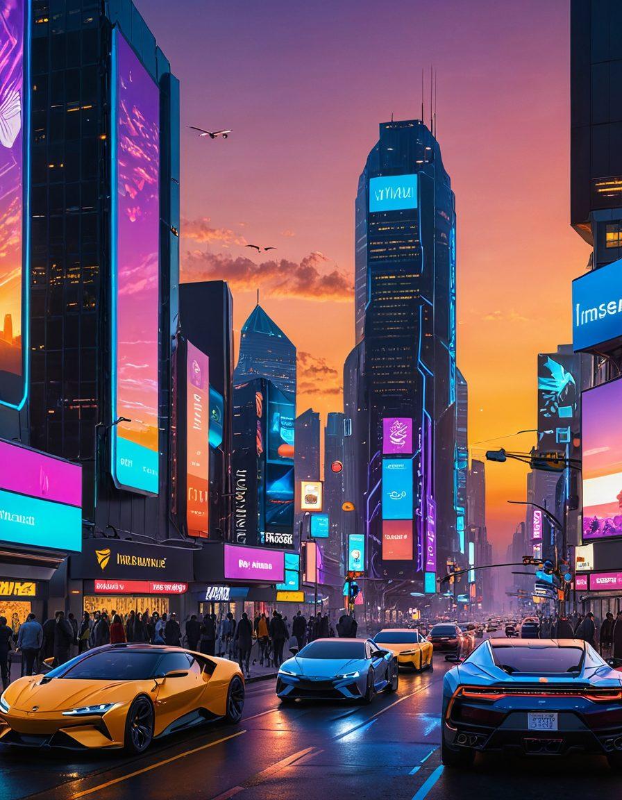 A futuristic city skyline at dusk, with diverse car models parked on a bustling street filled with digital billboards displaying budget-friendly insurance tips. Include a friendly insurance agent interacting with a customer, as well as symbols of protection like shields and checkmarks floating in the air. Emphasize a warm, inviting atmosphere with vibrant sunset colors. super-realistic. vibrant colors. cyberpunk.